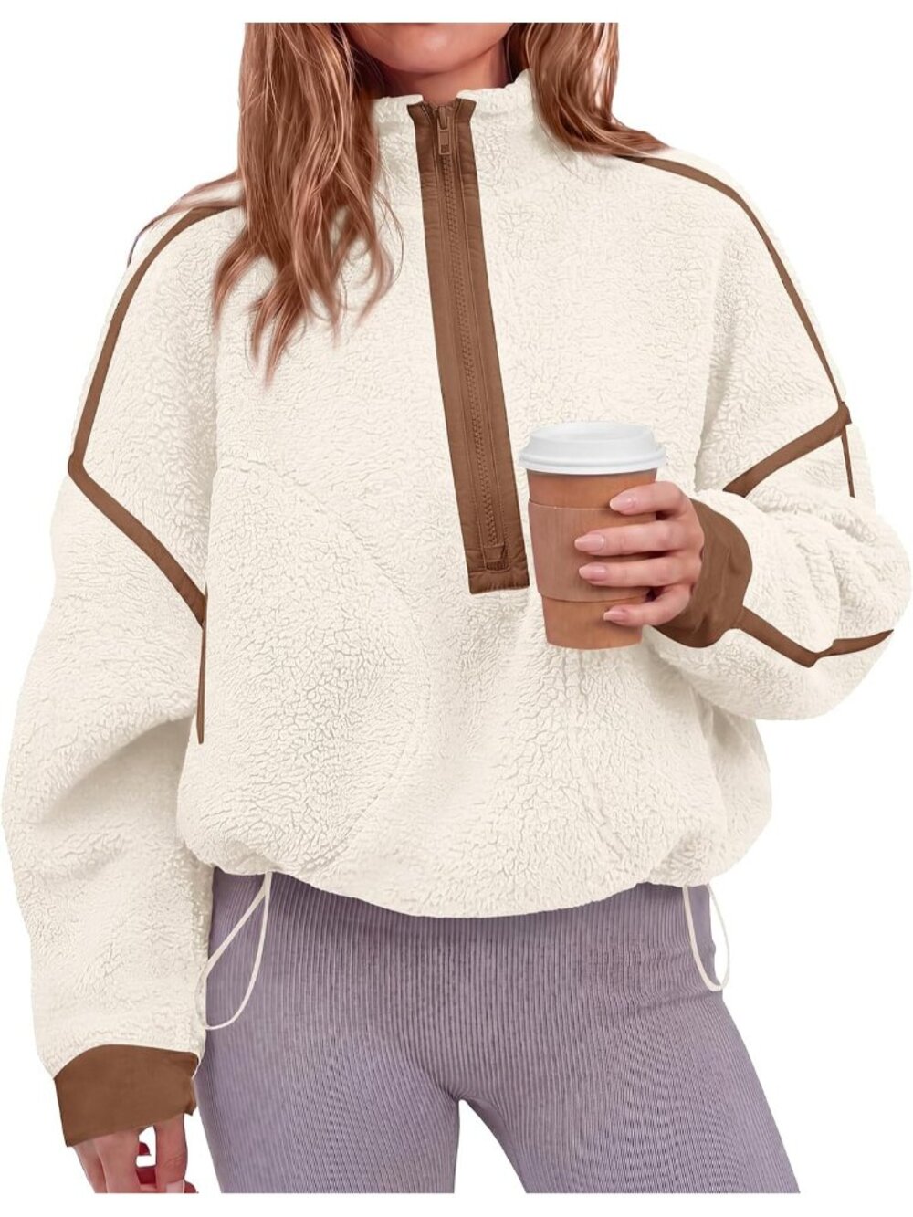 Women's Beige Mock Neck Imported Half Zip Sherpa Fleece Pullover Sweatshirt